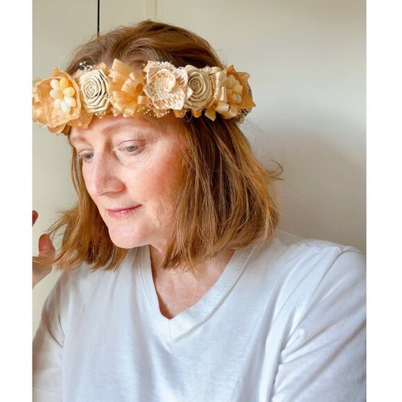 Vintage Floral Crown Bohemian Hippie wedding Wicker Neutral Natural Earthy Beach - Picture 8 of 8